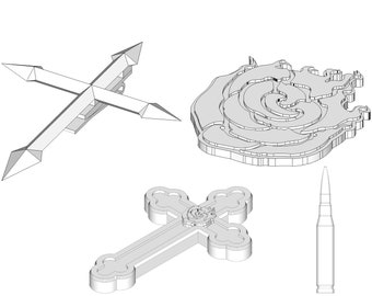 Op de afbeelding: Een set van vier metalen objecten, waaronder een kruis met vier punten, een kruis met een roosontwerp, een roosontwerp en een kogel. De objecten zijn allemaal in een draadframe-stijl.