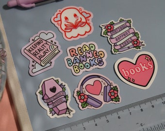Bookish Mini Collection Sticker Pack | 7 Glossy Or Holo Tattoo Style Book Stickers | Laptop Decal | Kindles | Journals