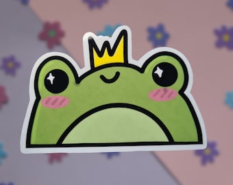 Peeking Happy Frog w/ Crown | Glossy Tattoo Style Fairytale Sticker | Laptop Decal | Kindles | Journals