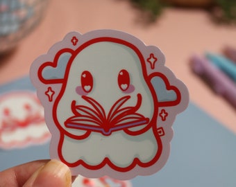 Ghostie Reads | Glossy Or Holo Tattoo Style Book Ghost Sticker | Laptop Decal | Kindles | Journals
