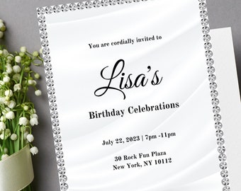 Diamantinbjudan, födelsedagsinbjudan för kvinnor, digital nedladdning, redigerbar mall, utskrivbar