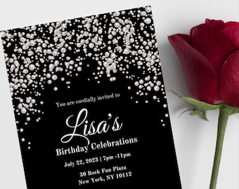May include: Black and white invitation with a pearl design. The invitation reads "You are cordially invited to Lisa's Birthday Celebrations July 22, 2023 | 7pm-11pm 30 Rock Fun Plaza New York, NY 10112"