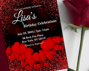 Red and Black Birthday Invitation, Women Birthday Invitation, Digital Download, Editable Template, Printable