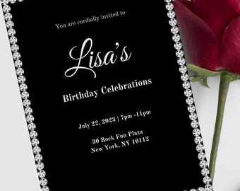 Diamantinbjudan, födelsedagsinbjudan för kvinnor, digital nedladdning, redigerbar mall, utskrivbar