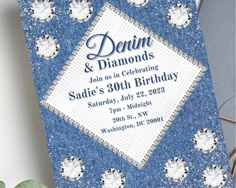 Denim en diamanten verjaardagsuitnodiging, vrouwen verjaardagsuitnodiging, denim en diamanten thema, digitale download, bewerkbare sjabloon, afdrukbaar