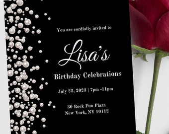 May include: Black and white birthday invitation with a pearl design. The invitation reads "You are cordially invited to Lisa's Birthday Celebrations July 22, 2023 | 7pm-11pm 30 Rock Fun Plaza New York, NY 10112"