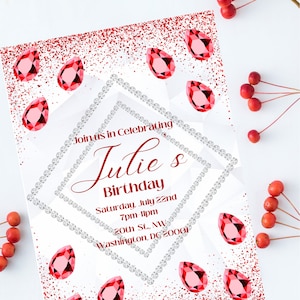 May include: Red and white birthday invitation with a diamond-shaped border and red gem accents. The invitation reads "Join us in celebrating Julie's Birthday, Saturday, July 22nd, 7pm-11pm, 20th St., NW, Washington, DC 20001."