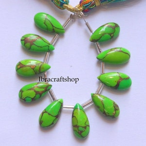 10 Pcs Green Copper Turquoise Pear Shape Approx. 15X7 mm Pear Briolette Both Side Plan Smooth Cabochon Gemstone Side Drill Bead Strand