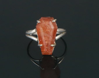 Handmade Coffin Sunstone Ring: 925 Sterling Silver Gemstone Jewelry
