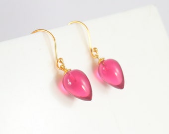 Pink Tourmaline Teardrop Earrings: Gold Plated Sterling Silver Dangle Drop