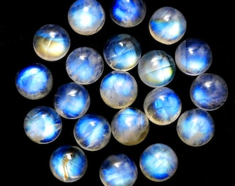 AAA + Quality Natural Rainbow Moonstone Cabochon Gemstone: Round Shape Flat Back Calibrated Gemstone Cabochon with Blue Sheen (2mm-26mm