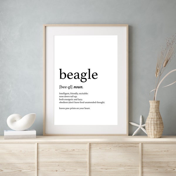 Impression définition Beagle, impression chien, art mural pour la maison, décor typographie, définition chien, cadeau chien pour cadre, livraison gratuite
