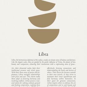 May include: A beige background featuring three gold-coloured, semi-circular shapes stacked on top of each other. The word "Libra" is below the shapes, with text describing the Libra zodiac sign.