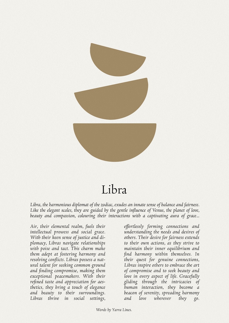 May include: A beige background featuring three gold-coloured, semi-circular shapes stacked on top of each other. The word "Libra" is below the shapes, with text describing the Libra zodiac sign.