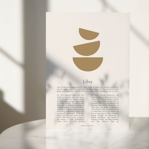 May include: A beige print with a gold abstract design of three stacked semi-circles, and the word "Libra" below. The text describes Libra's traits, including balance and fairness. The print is displayed on a white surface.