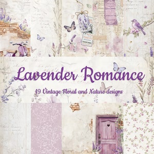 Carta digitale romanticismo lavanda - Sfondi vintage - 19 sfondi - Carta per album - Shabby Chic - Carta per diario spazzatura - Motivi floreali