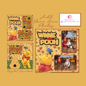 Sjabloon voor digitaal plakboek Winnie de Poeh honingbij | 12 x 12 Disney-plakboekpagina-indeling | Afdrukbaar plakboek Pooh Bear