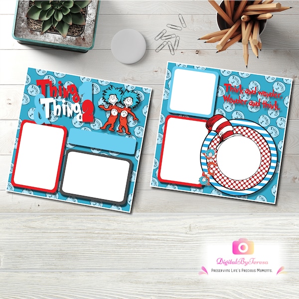 Dr Seuss  2-page, 5-photo layout Thing One and Thing Two 12X12 Template High Quality Digital Scrapbooking Templates ** INSTANT DOWNLOAD