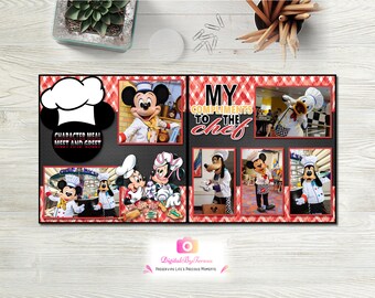 May include: A scrapbook page with a red and white checkered background. The page features photos of Mickey Mouse and other Disney characters dressed as chefs. The text "My Compliments to the Chef" is written on the page.