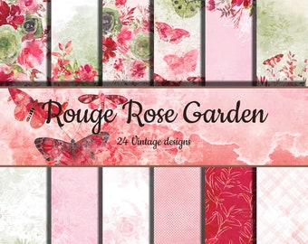 Rouge Rosengarten Digitales Papier - Vintage Hintergründe - 24 Hintergründe - Scrapbook Papier - Shabby Chic - Junk Journal Papier - Florales Muster