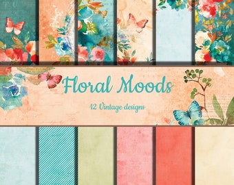 Floral Moods Digitaal Papier - Vintage Achtergronden - 12 achtergronden - Scrapbookpapier - Shabby Chic