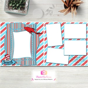 Dr Seuss  2-page, 5-photo layout Cat in the Hat 12X12 Template High Quality Digital Scrapbooking Templates ** INSTANT DOWNLOAD