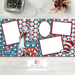 Dr Seuss Diseño de 2 páginas y 4 fotografías Plantilla Cat in the Hat 12X12 Plantillas de scrapbooking digital de alta calidad ** DESCARGA INSTANTÁNEA