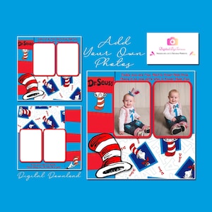 May include: Digital download Dr. Seuss themed photo templates. The templates feature red, white, and blue designs with the Cat in the Hat and other Dr. Seuss imagery. The text "Add Your Own Photos" is displayed in a handwritten font.