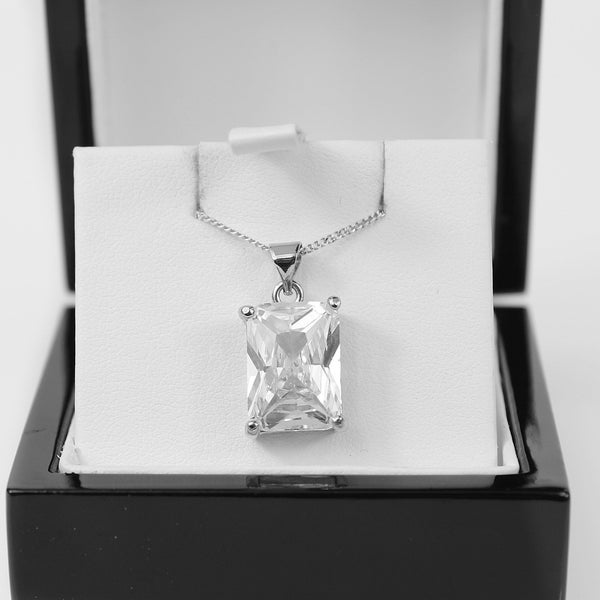 WHITE GOLD FINISH Emerald Cut Clear Created Diamond Pendant Necklace