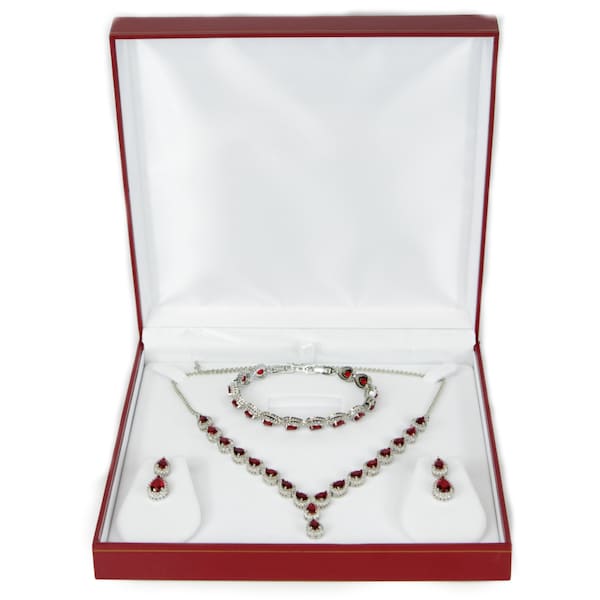 WHITE GOLD FINISH Created Diamond Red Ruby Classic Pear Cut Necklace, Bracelet & Dangle Earrings Jewellery Set Including Gift Box