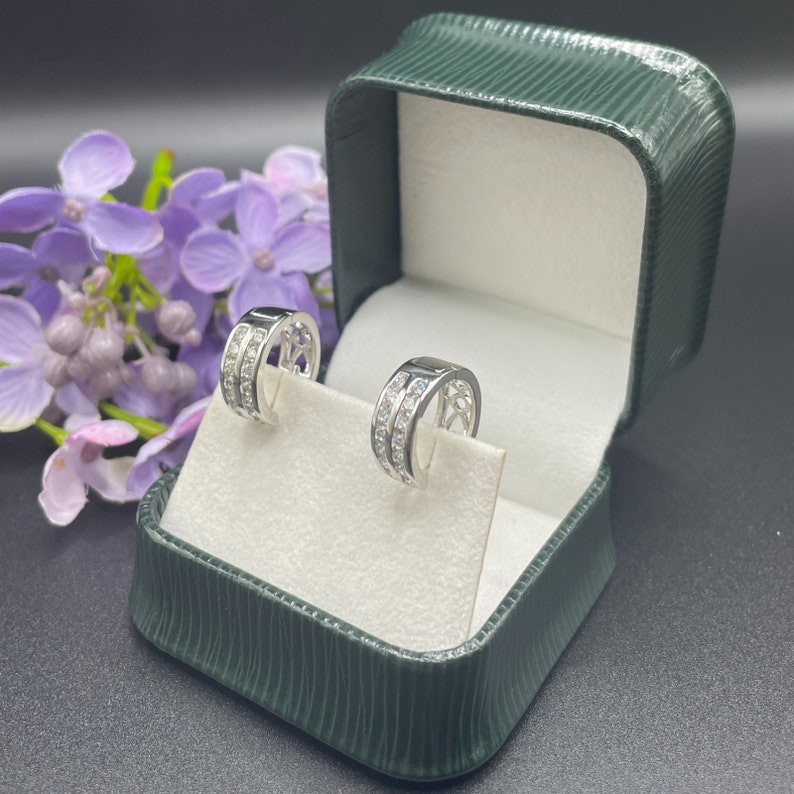 White Gold Finish Double Row Created Diamond Hoop Earrings With Free