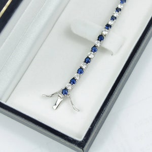 WHITE GOLD FINISH Created Diamond Round Cut Blue Sapphire Tennis Bracelet Including Gift Box | Perfect Gift For Women, Weddings, Birthday