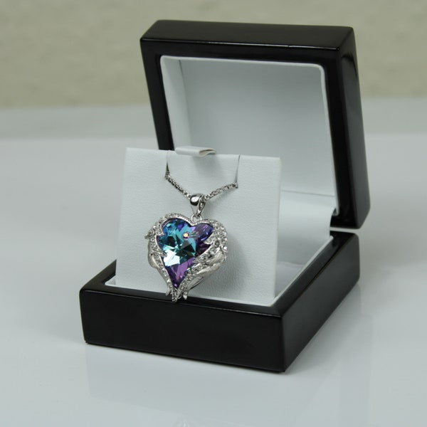WHITE GOLD FINISH Created Diamond Mystical Multicoloured Alexandrite Heart Cut Gemstone Pendant Necklace Including Gift Box