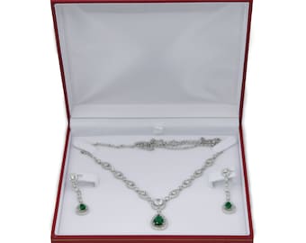 WHITE GOLD FINISH Created Diamond Green Emerald Classic Retro Necklace & Dangle Earrings Jewellery Set Including Gift Box | Womens Gifts