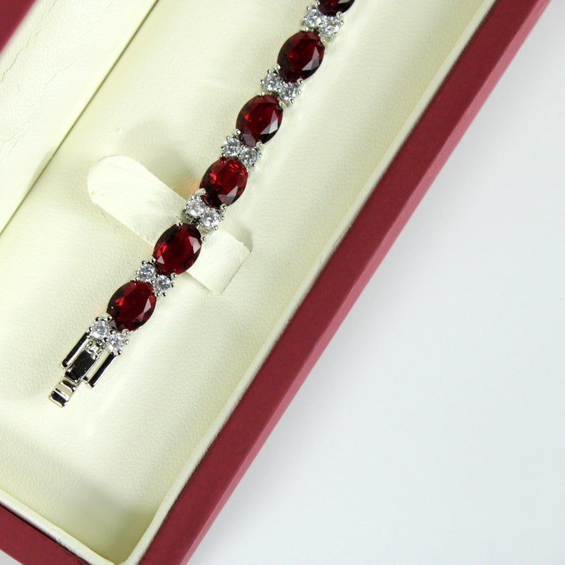 WHITE GOLD FINISH Created Diamond Oval Cut Red Ruby Bracelet Including Gift Box Perfect Gift For Women, Weddings, Birthdays, Parties image 5