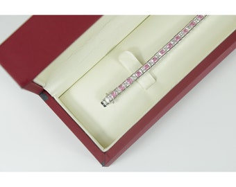 WHITE GOLD FINISH Created Diamond Princess Cut Pink Tourmaline Tennis Bracelet