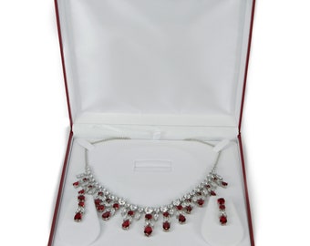 WHITE GOLD FINISH Created Diamond Red Ruby Pear Cut Necklace & Earrings Chandelier Jewellery Set Including Gift Box | Perfect Gift For Women