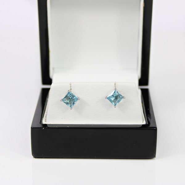 WHITE GOLD FINISH Blue Topaz Princess Cut Created Diamond Stud Earrings | Wedding, Engagement, Birthday, Gift