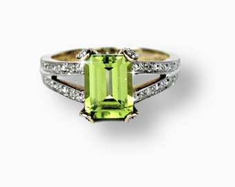 SOLID GOLD Natural Diamond And Peridot Emerald Cut Ring