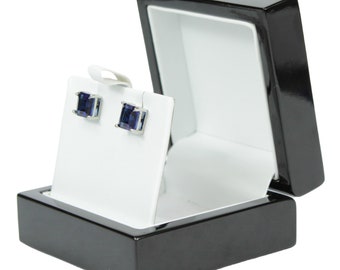 WHITE GOLD FINISH Blue Sapphire Princess Cut 4 Claw Stud Earrings Including Gift Box | Perfect Gift For Women, Loved Ones, Birthday, Parties