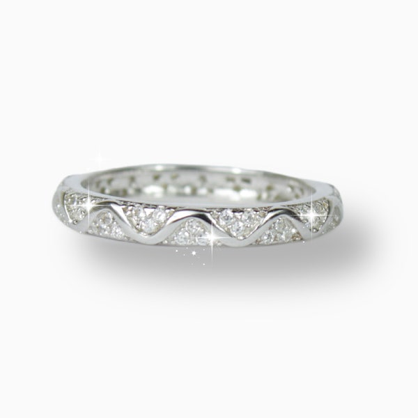 SILVER Created Diamond Wave Design Round Cut Ring