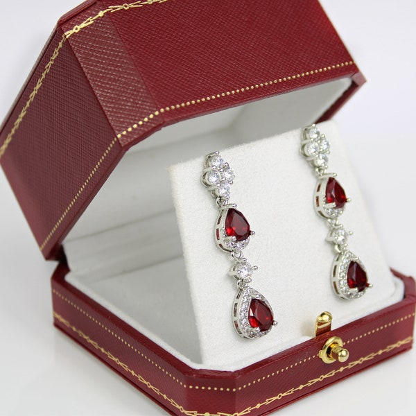 WHITE GOLD FINISH Red Ruby Pear Cut Created Diamond Cluster Dangle Earrings