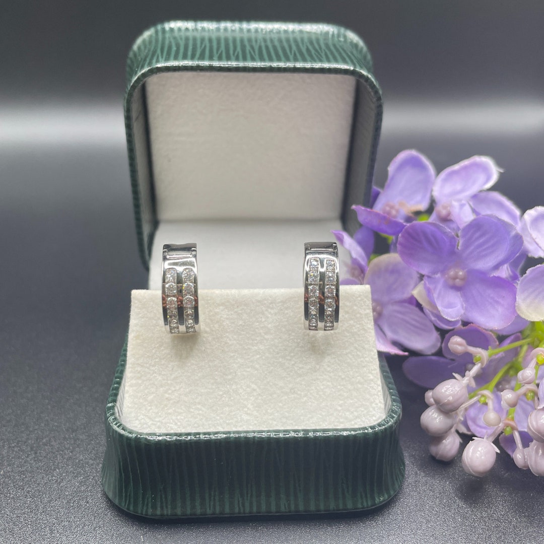 White Gold Finish Double Row Created Diamond Hoop Earrings With Free