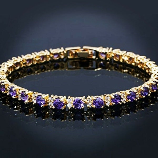 Yellow gold finish Purple Amethyst and created diamonds bracelet Gift Boxed