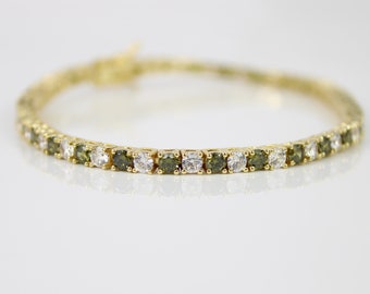 YELLOW GOLD FINISH Green Peridot Round Cut Alternating Created Diamond Bracelet | Wedding, Engagement, Anniversary, Birthday, Party, Gift