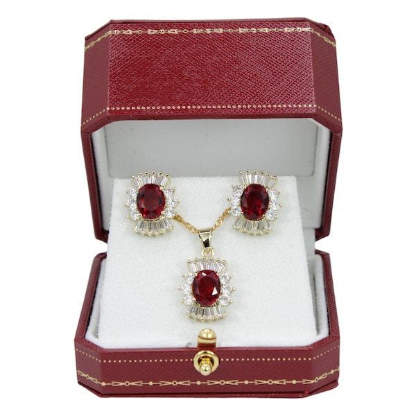 YELLOW GOLD FINISH Created Diamond Red Ruby Cluster Pendant Necklace & Stud Earrings Jewellery Set Including Gift Box | Perfect Womens Gifts