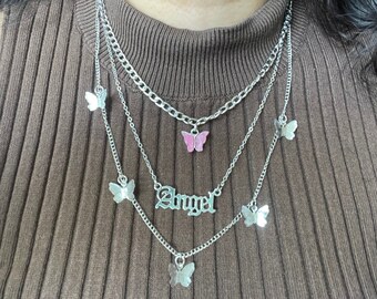 Angel Necklace, Y2K layered Necklace, E girl necklace, Funky Necklace, Korean Necklace, Chunky layered necklace, Butterfly Chocker Necklace