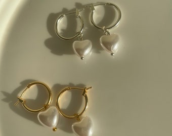 Silver Hoops, Huggie hoops, Pearl beads earrings, Hoops, Pearl charm hoops