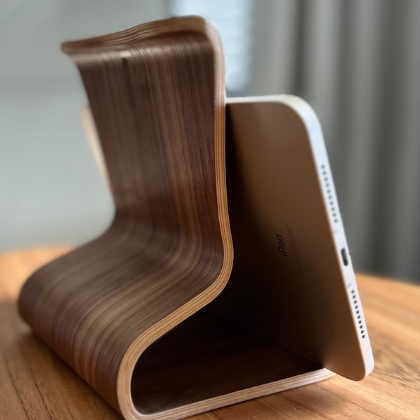 Plywood iPad Stand, Handmade Wood Tablet Holder, Phone holder, Bookstand, Tablet Stand, Handcrafted Bent Plywood, Walnut, Aesthetic Decor