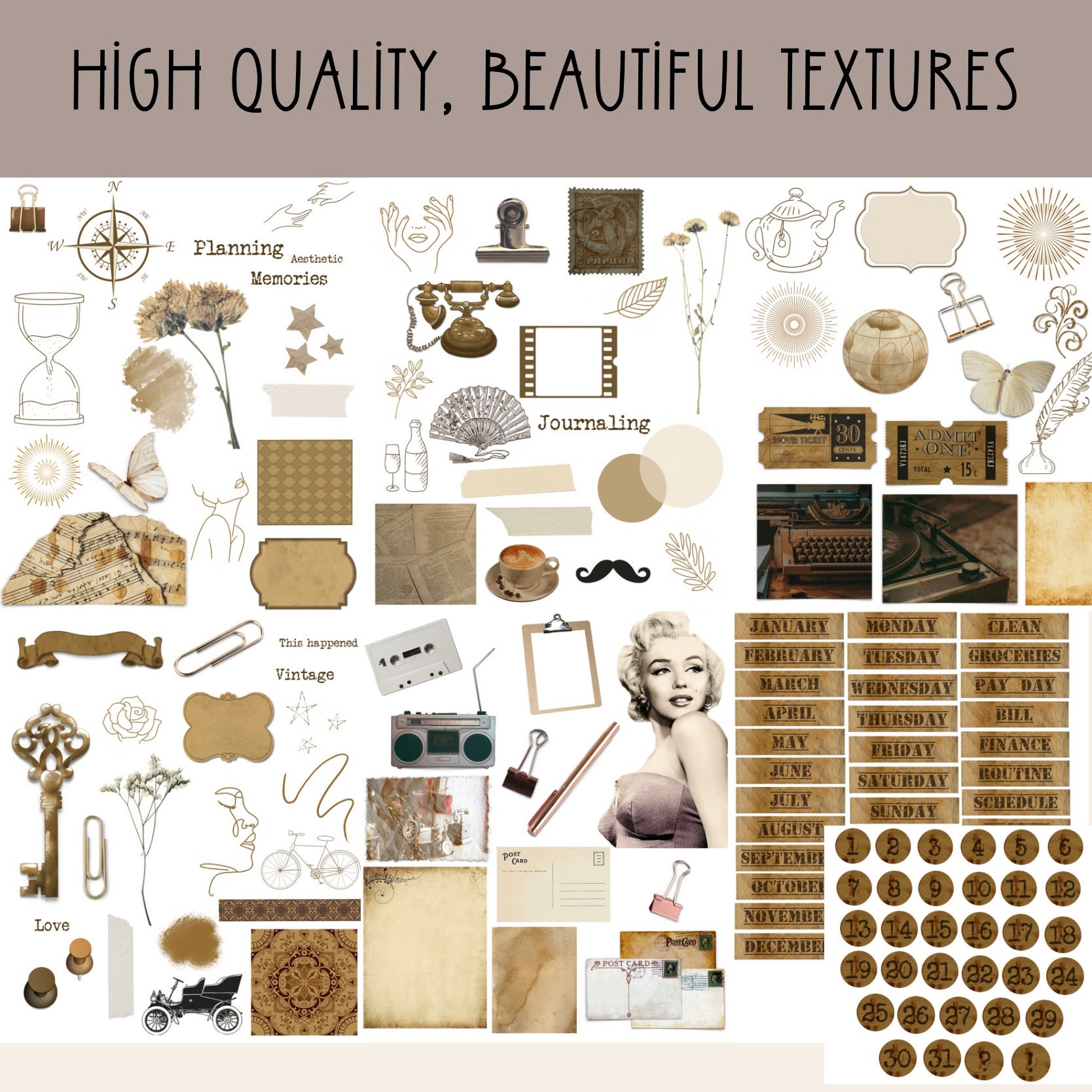 Vintage Stickers | Digital Planner Stickers | Journal Decorations ...